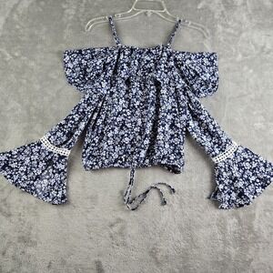 IZ Byer Girls Blouse XS Blue White Floral Cold Shoulder Bell Sleeves Lace Detail